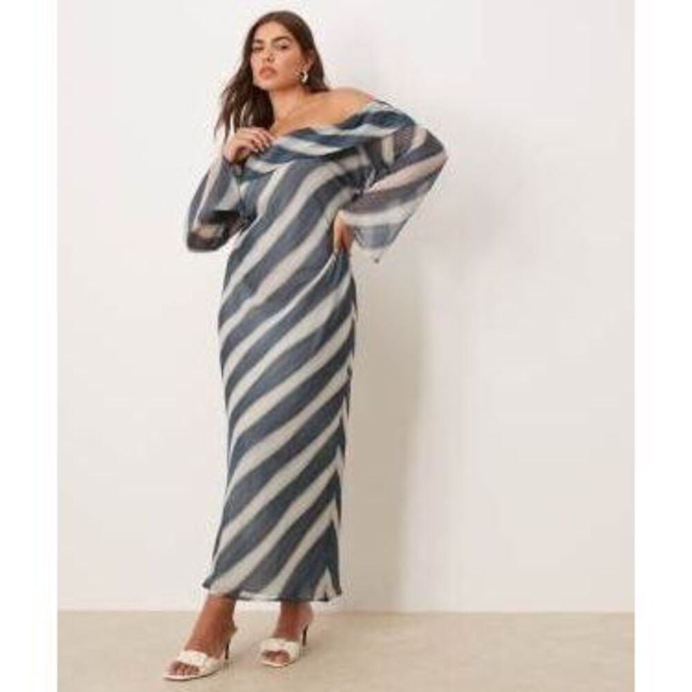 ASOS DESIGN Curve fold over off the shoulder midi dress in blue stripes